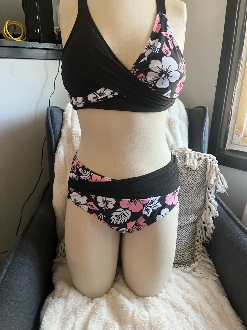 Floral Pink & Black Wrap Bikini Set - Women Intimates & Sleepwear